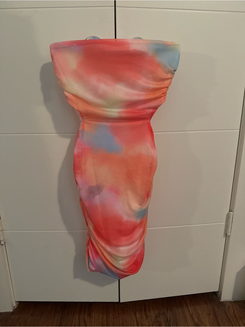 Strapless Tie-Dye Bodycon Dress in Coral & Pastels
